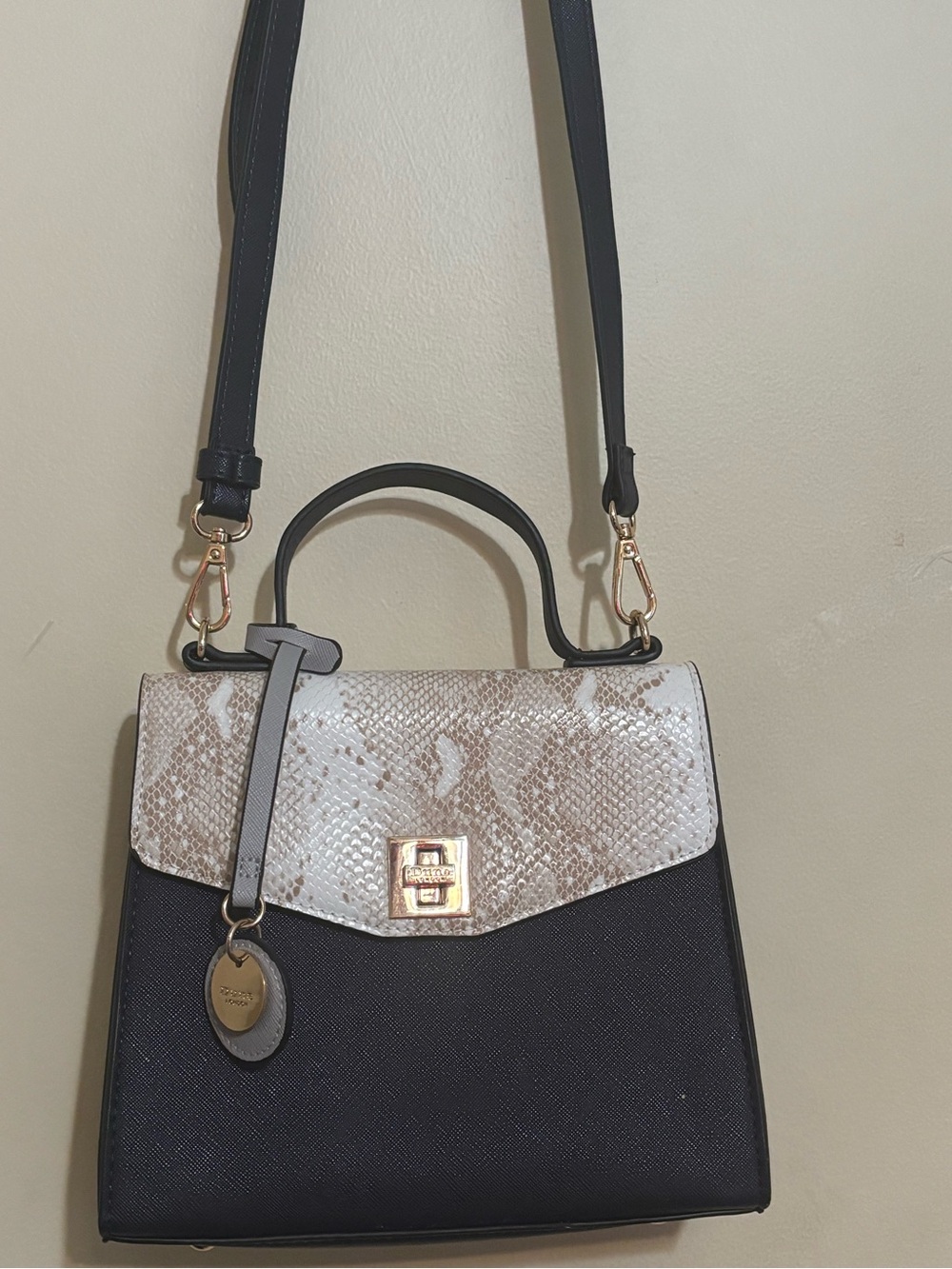 Black and Snake-Print Top Handle Satchel Bag